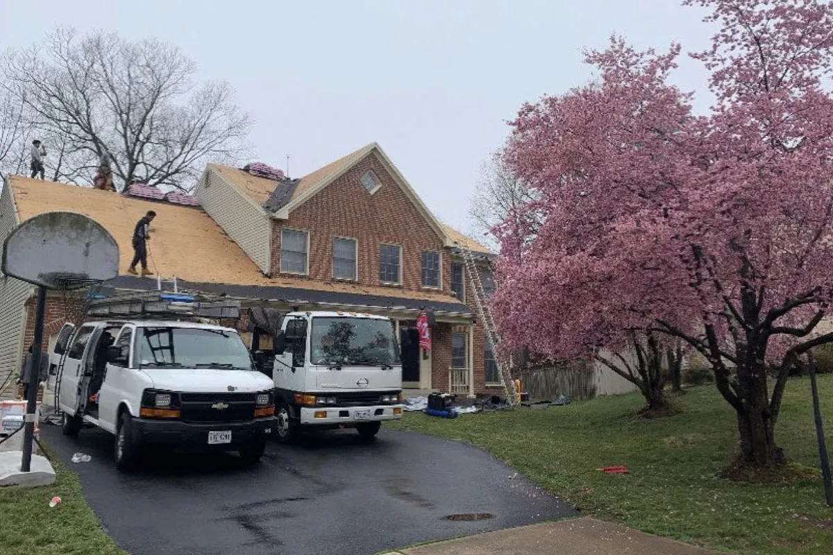 Roofing crew stripping a brick colonial down to bare roof decking, with shingle bundles staged along the ridge and a work van and dump truck in the driveway