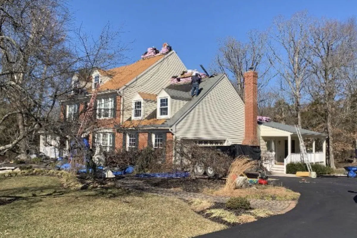 Crew replacing the roof on a large colonial with a brick chimney, decking exposed at the ridge and tarps laid over the landscaping below
